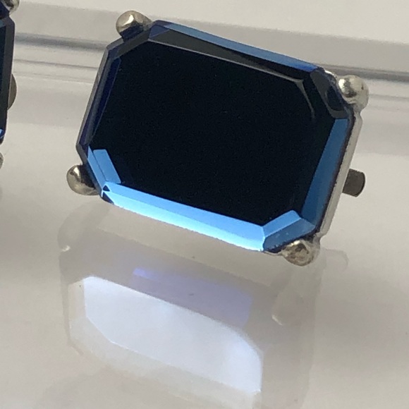 VTG EMERALD CUT BLUE MIRROR GLASS EARRINGS - Picture 5 of 13